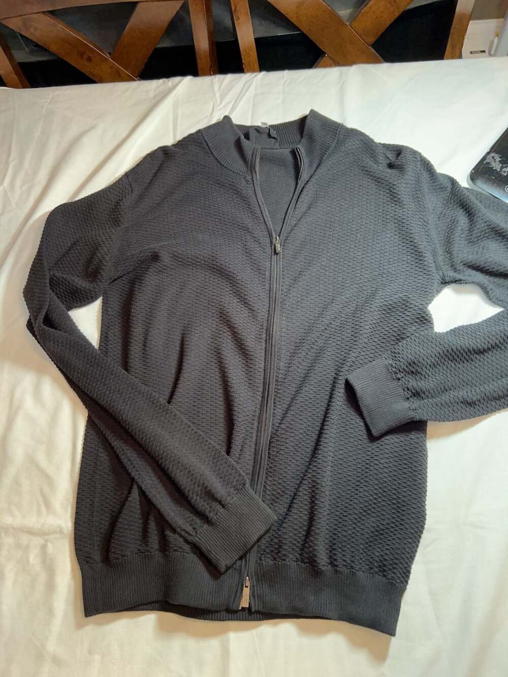 Armani Collezioni Full Zip Textured Knit Sweater Black XL